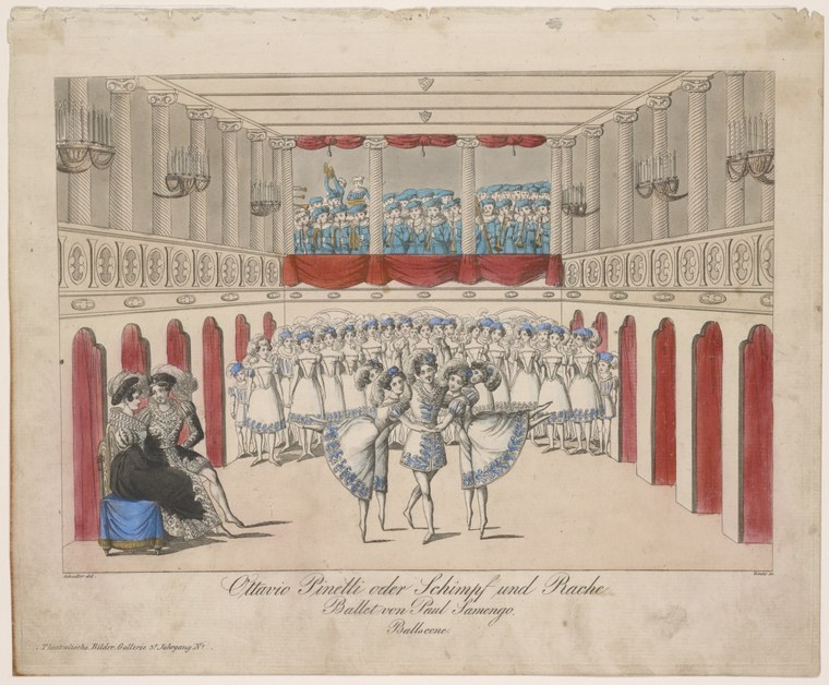 Hand-colored engraving of a Romantic-era ballet scene: corps de ballet in tutus stand in formal lines on a theatrical stage while dramatic characters interact