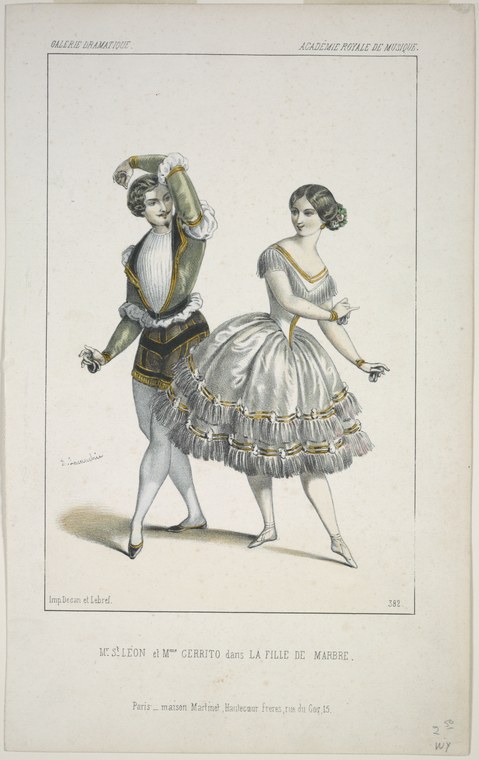 Two dancers in 19th-century ballet costume: a man in a green jacket with raised arm, a woman in a pale tutu on pointe.