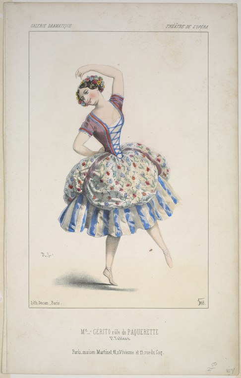 A single female dancer in romantic-era ballet costume, posed in a graceful attitude with one leg extended, hand-colored lithography.