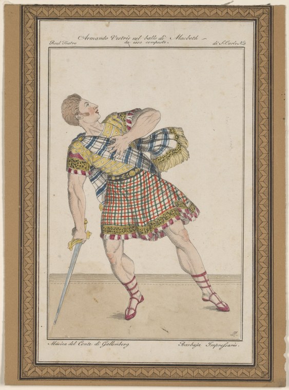 Male dancer in plaid skirt and draped yellow fabric holds a sword and tilts his head back in a dramatic pose.
