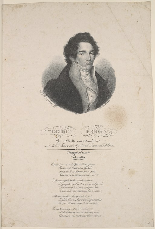 Engraved portrait bust of a dark-haired man in early 19th-century formal dress, with inscription identifying him as ballet dancer Egidio Priora.