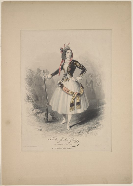 Woman in military jacket and full white skirt, holding a rifle, in assertive pose. Hand-colored lithographic print.