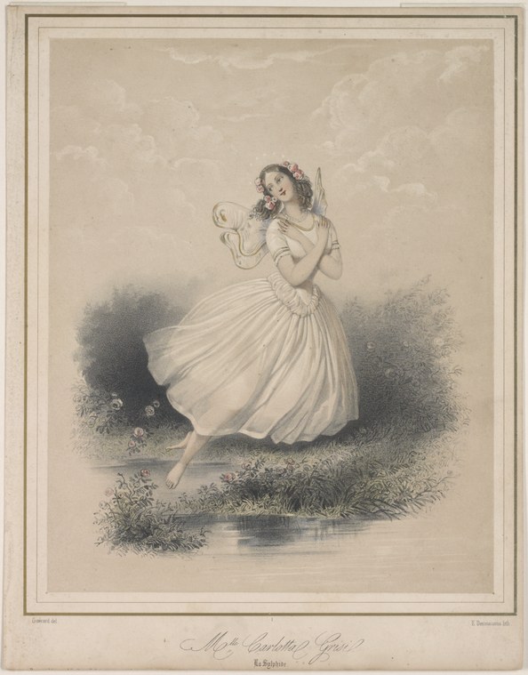 Young woman in white dress and wreath, one arm raised dreamily to her face, standing alone beside a stream in a wooded glade.