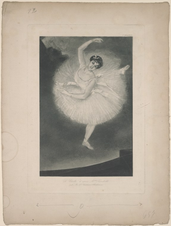 A female ballet dancer in a white tutu, arched backward with raised arm, against a dark background.