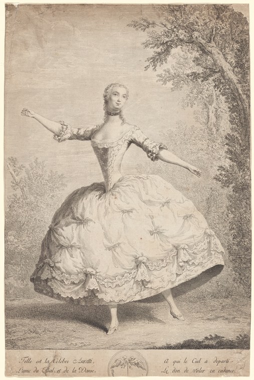 A young woman in 1740s court dress with a full panniered skirt stands with arms extended in an elegant open frame, captured mid-movement in an engraving.