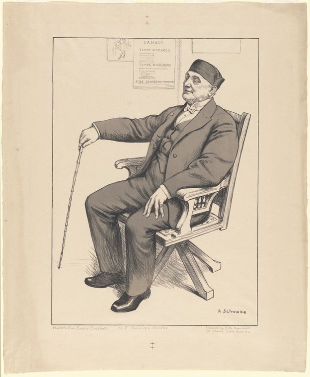 Pen-and-ink portrait of an elderly bearded man in a suit and cap, seated in a wooden chair and holding a cane, gazing downward.