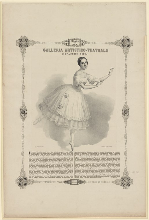 A young female ballet dancer in arabesque penché, wearing a romantic-era tulle skirt and slippers, framed by an ornate decorative border.
