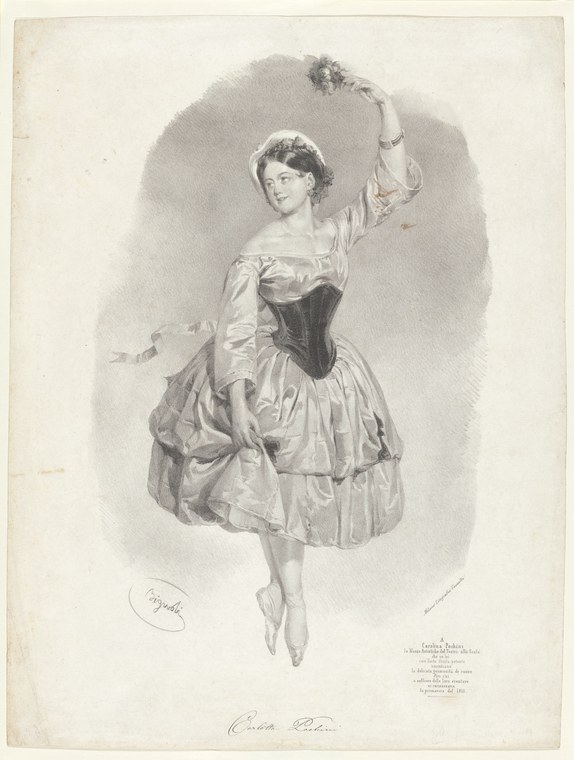 A female ballet dancer in mid-nineteenth-century dress rises on her toes with one arm raised, waving a scarf, her gaze lifted upward.