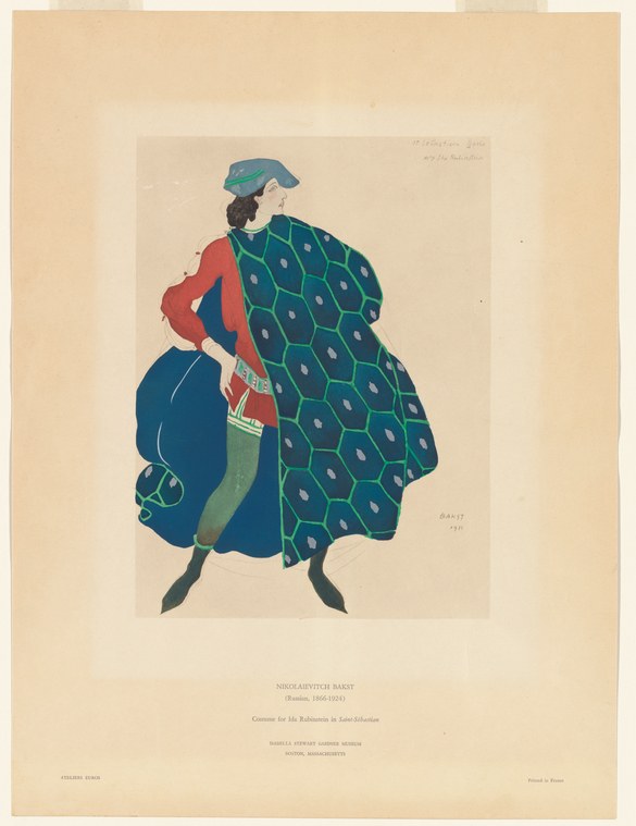 A figure in three-quarter view wears a voluminous forest-green cloak with pale blue diamond pattern over a red jacket and green tights, with a blue cap.