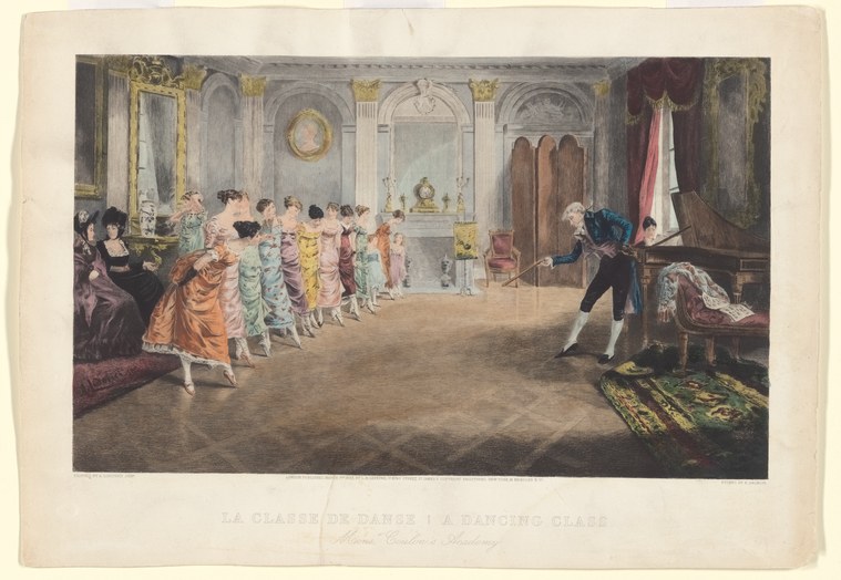 Young women in pale Empire-waist dresses stand in a line in a classical interior while a male instructor gestures direction.