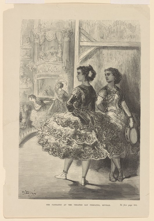 Woman in elaborate lace skirt performs fandango while two women watch in grand theatrical interior.