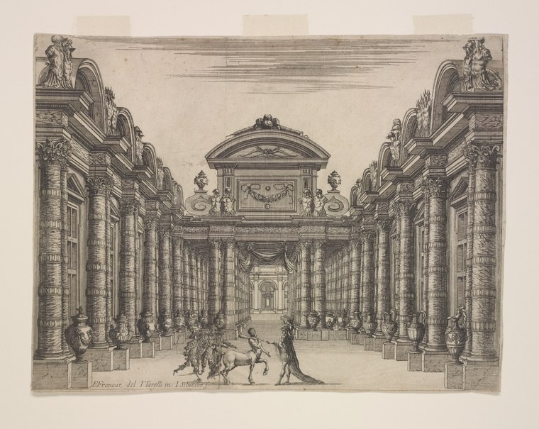 Engraving of Peleus and Thetis wedding procession in a classical colonnade with mounted and standing figures in classical dress.