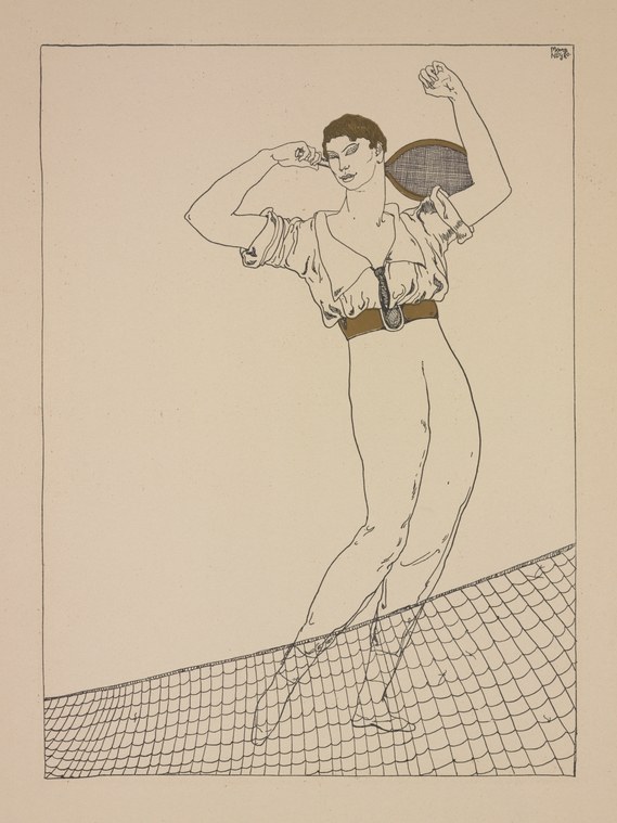 A line-drawn male figure in a split leap above a tennis net, rendered in clean contour and perspective.