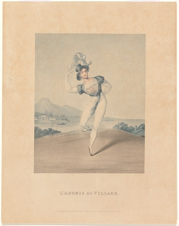 A woman in a white high-waisted gown stands in arabesque, one leg extended, against a distant pastoral landscape with mountains and cypress trees.