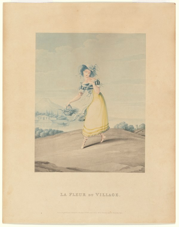 A young woman in a pale yellow neoclassical dress stands alone on a barren hillside, one arm extended, gazing toward a distant landscape.