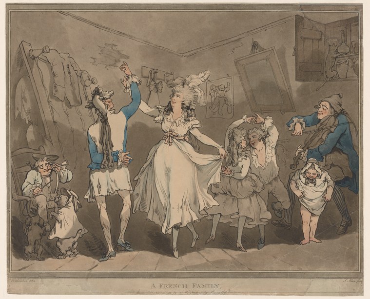 Hand-colored engraving: A young man in blue breeches performs a high leg kick toward a standing woman in a white dress, watched by family members in a