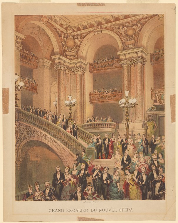 Hand-colored engraving of the grand staircase of the Palais Garnier in Paris, filled with fashionably dressed opera-goers in formal evening wear.