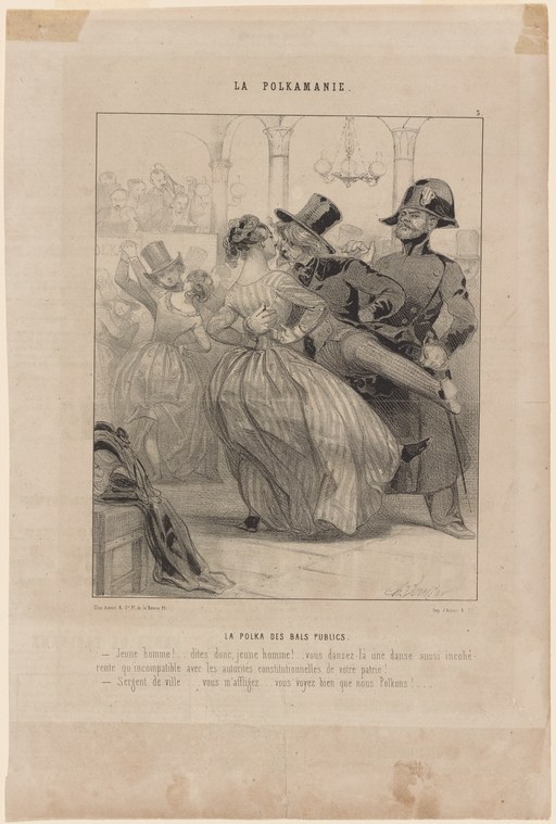 A man in military uniform and top hat supports a woman in a full ball gown mid-turn in a crowded ballroom; her skirts billow as onlookers watch.
