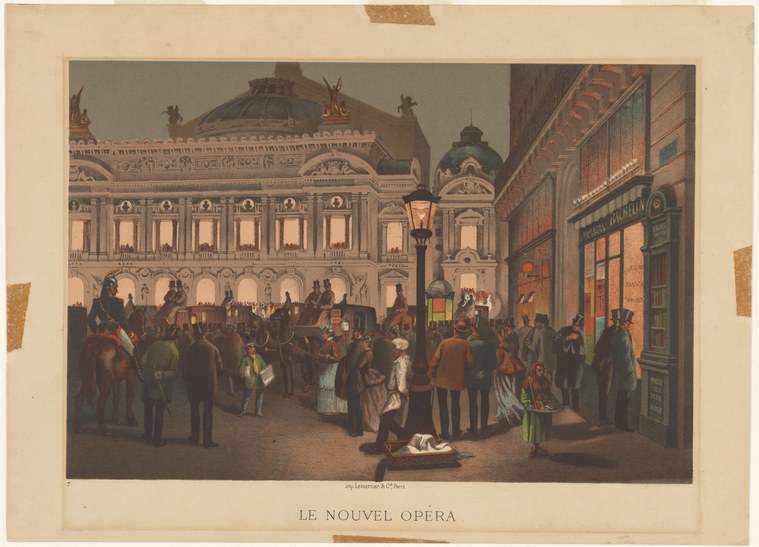 The grand foyer of the Palais Garnier, Paris, crowded with formally dressed men and women in conversation under an ornate vaulted ceiling.