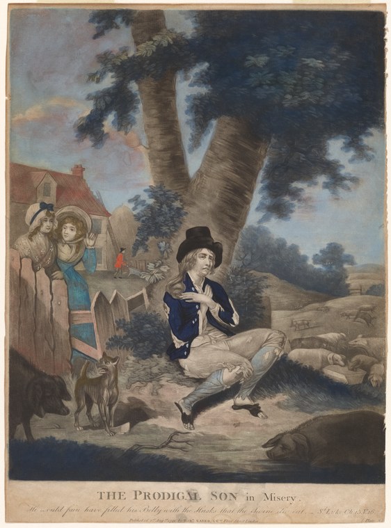 A young man in dark coat and breeches collapses backward in distress beside a cottage, watched by two figures behind a fence, beneath a massive gnarled tree.