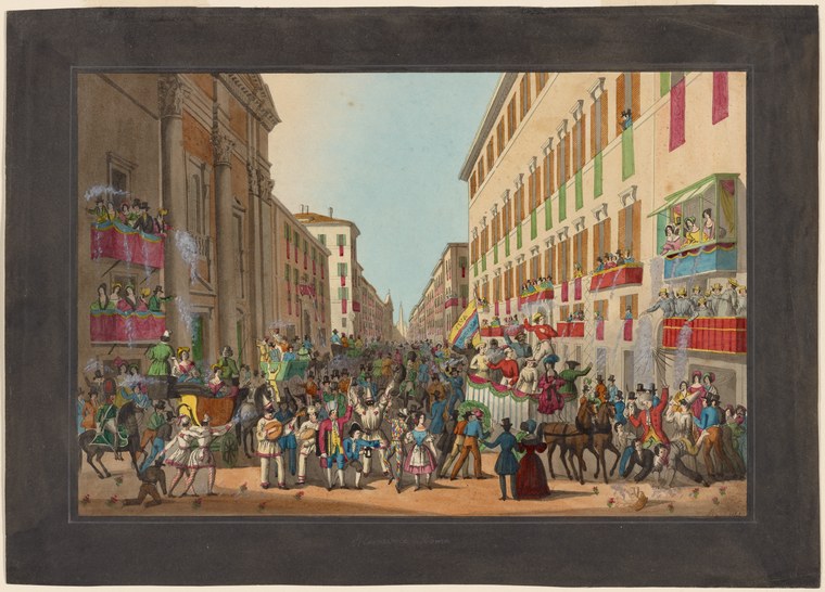 A crowded street carnival scene with masked revellers, musicians, decorated buildings, and viewing stands lining an Italian city street.