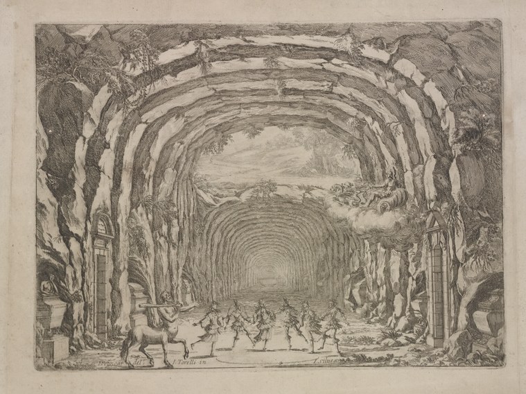 Engraving of figures dancing and celebrating within a grand stone tunnel with deep perspective, classical dress, light flooding from the far end.