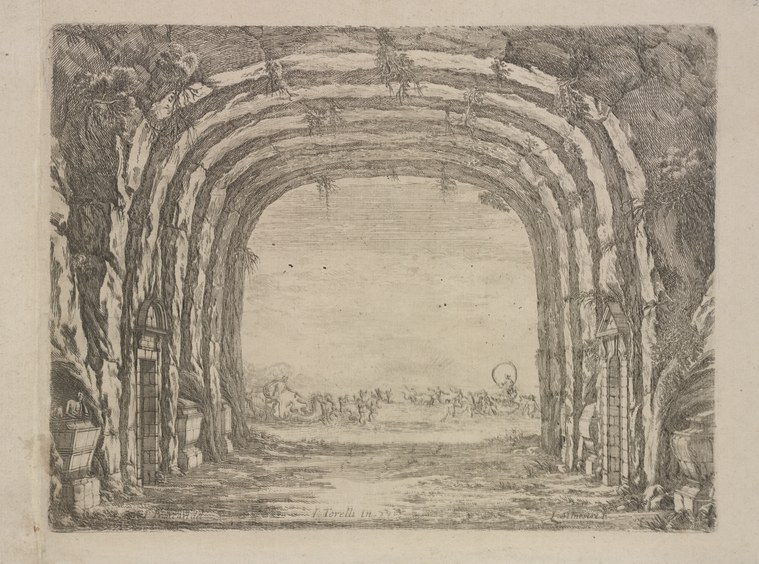 Engraving showing vast arched stone arcade framing a distant plain where hundreds gather for a mythological wedding feast.