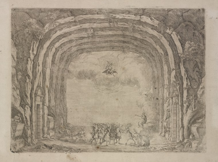 Engraving of a grand stone archway framing a mythological wedding procession and chariot descending from the sky.