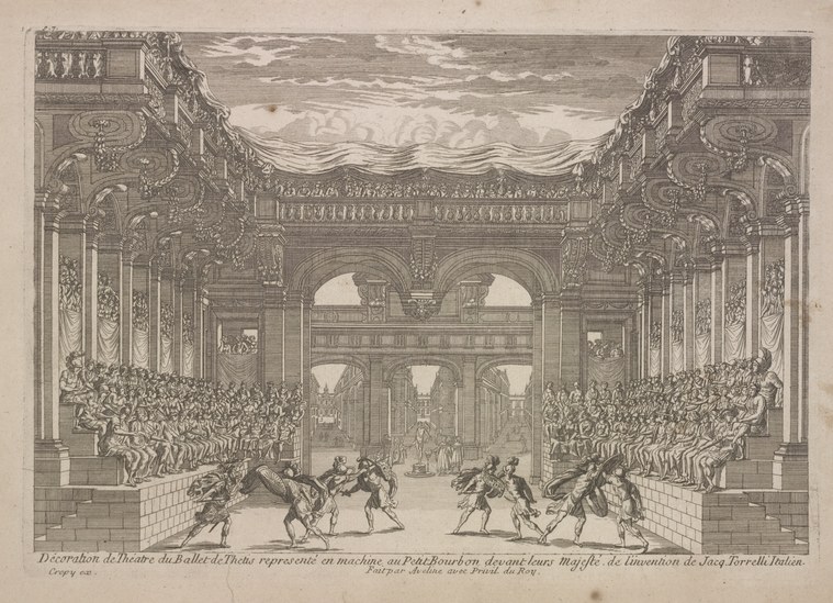 Engraving of courtly dancers in exaggerated poses within a grand theatrical hall with machinery and crowds in tiered galleries.