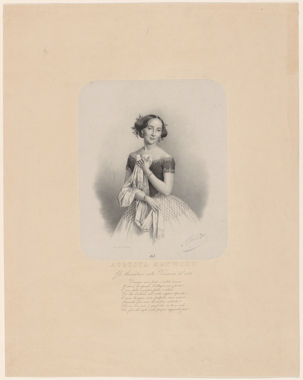 Engraved portrait of Augusta Maywood, a 19th-century ballerina, in Romantic-era dress with graceful balletic posture.