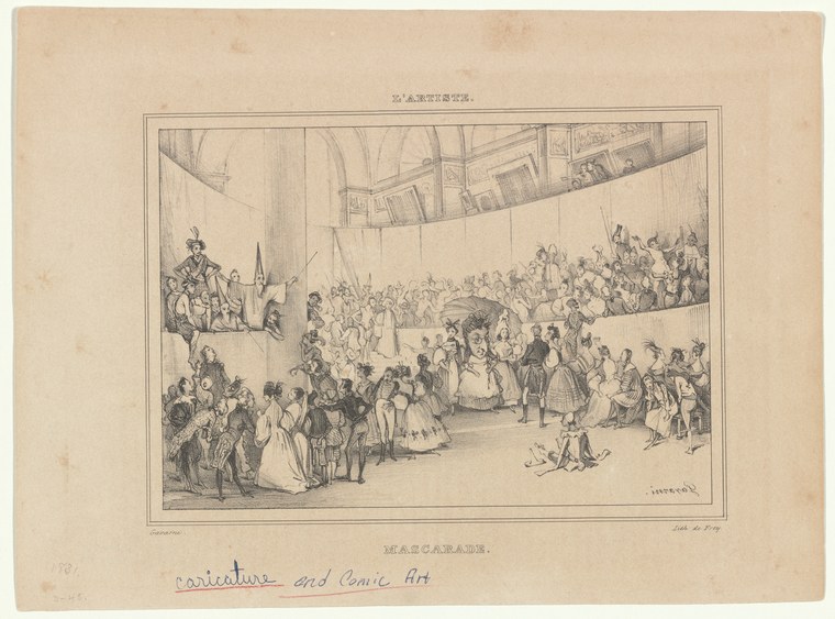 Line engraving showing a crowded masquerade ball with costumed dancers and spectators in an ornate 18th-century hall.