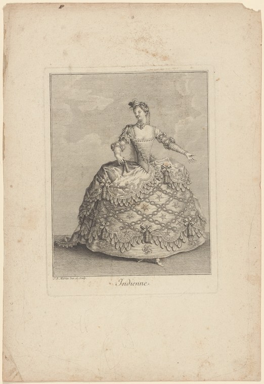 Engraved portrait of a woman in an elaborate mid-18th-century court dress with a massive scalloped skirt, standing with raised arm and refined posture.
