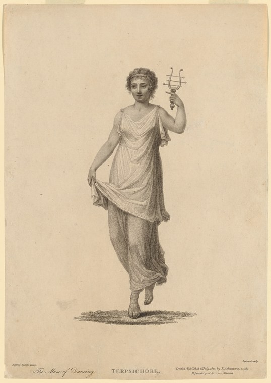 Neoclassical engraving of a draped female figure in Greco-Roman dress holding a lyre, standing in contrapposto pose.