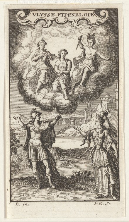 Engraving with celestial vision above and earthly figures below; classical narrative of Ulysses and Penelope.