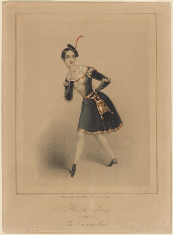 Hand-colored lithograph of a female ballet dancer in a short dark dress with gold trim, feathered headdress, and jeweled necklace, posed gracefully in