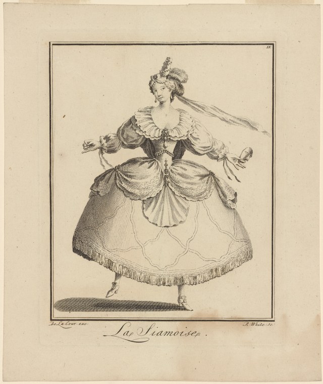 An 18th-century engraving of a woman in Siamese court dress with ornate collar, gathered skirt, and feathered headdress, arms raised with hand instruments.