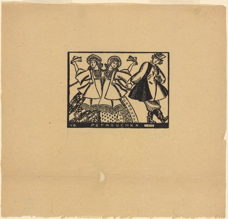 Four figures in traditional Russian dress dance and gesture in a festive scene; woodcut with bold black lines and patterned garments.