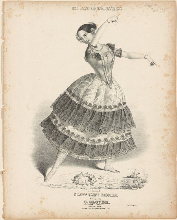 A female dancer in mid-leap, wearing a corseted bodice and tiered flounced skirt, one arm raised overhead, tilted slightly back.