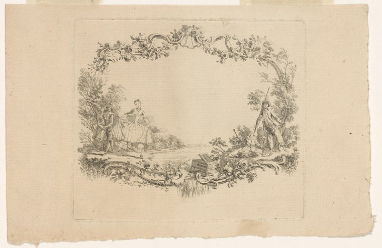 Two figures in 18th-century dress pose in a pastoral landscape, framed by a rococo ornament of vines and ribbons.