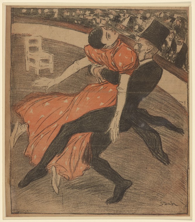 Man in top hat and dark suit dances with woman in red dress, her body arched backward in a dynamic pose characteristic of the Apache dance.