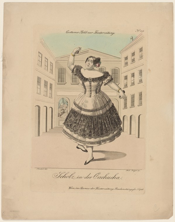 Woman in mid-19th-century dress performs the cachucha in an arched, expressive pose in a European plaza.
