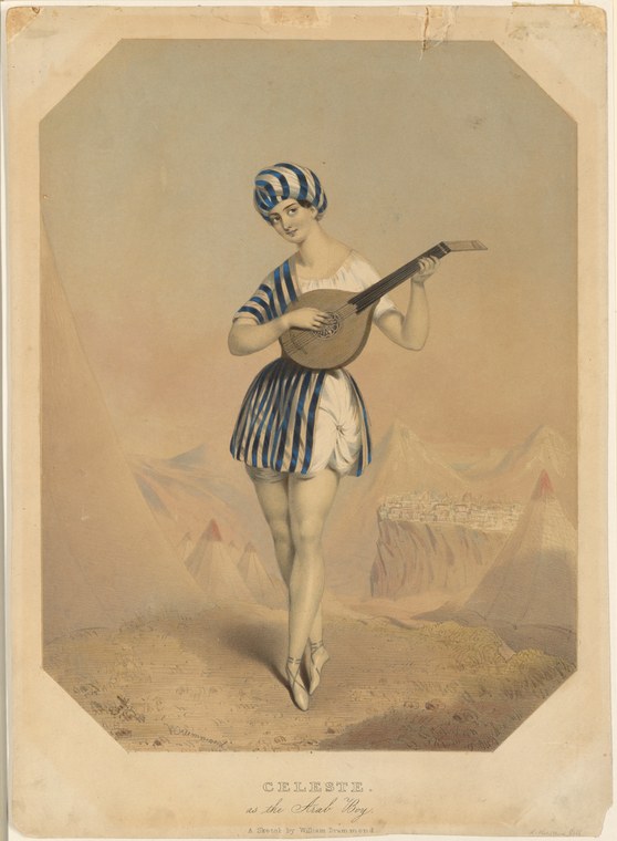 A young woman in a striped tunic and headpiece holds a lute, standing in classical pose against a distant camp.