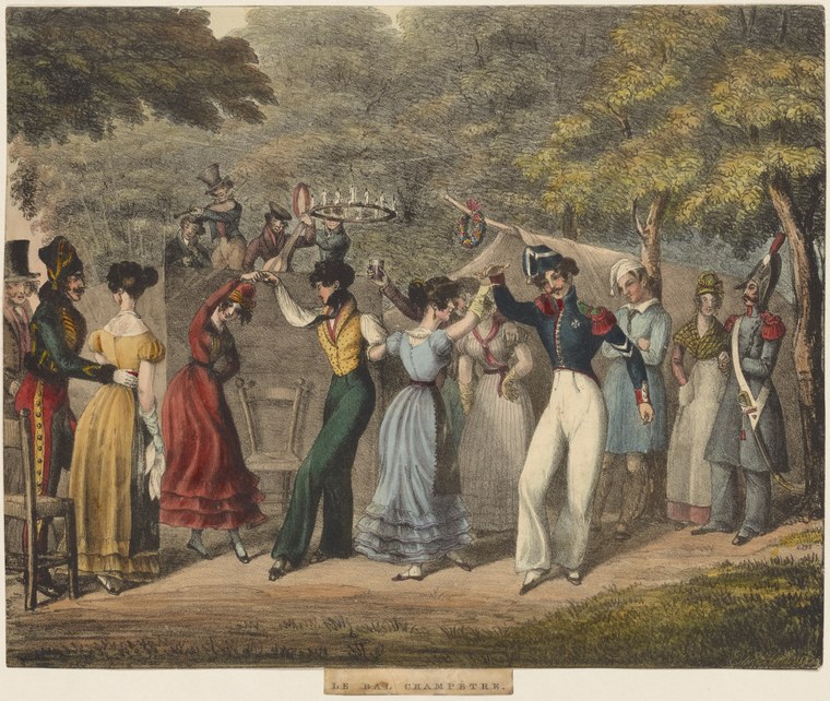 Hand-colored engraving of couples in Regency-era dress dancing outdoors in a wooded setting, with musicians and spectators.