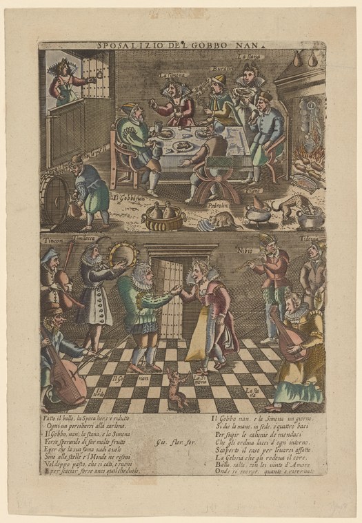 Two-register engraving: feasting scene above with musicians; dancing couples and groups on checkered floor below.