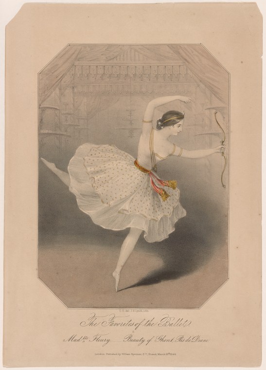 A young female ballet dancer in a pale, pleated dress performs a graceful pose with one arm raised, holding a bow, against a dark shadowed interior.