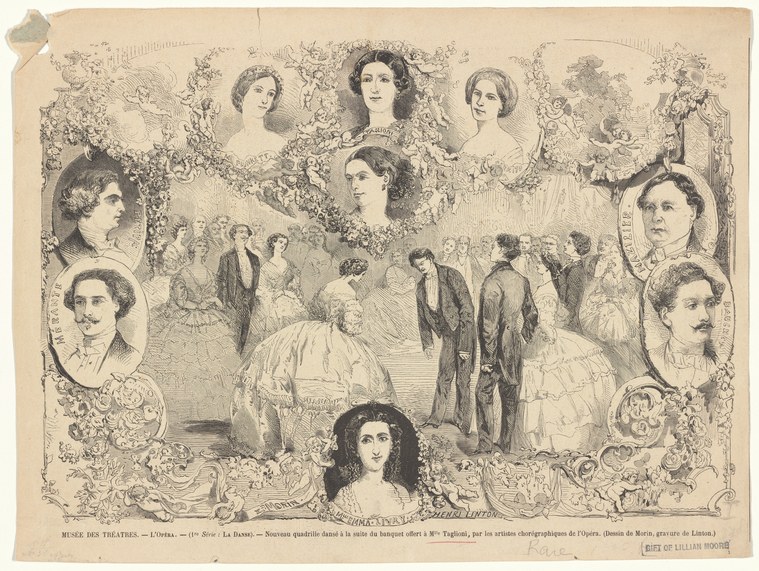 A 19th-century steel engraving showing a formal quadrille in an Imperial ballroom, framed by portrait medallions of celebrated dancers.