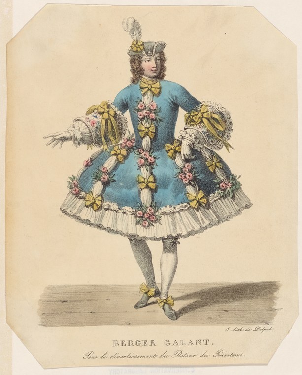 A solo performer in an elaborate blue silk dress with golden bows and white lace trim stands in a frontal pose with arms extended, wearing a tall feathered