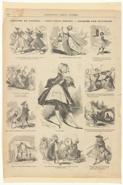 Twelve engraved scenes of dancers in 19th-century dress, exaggeratedly posed and gestured, from a page of L'Illustration