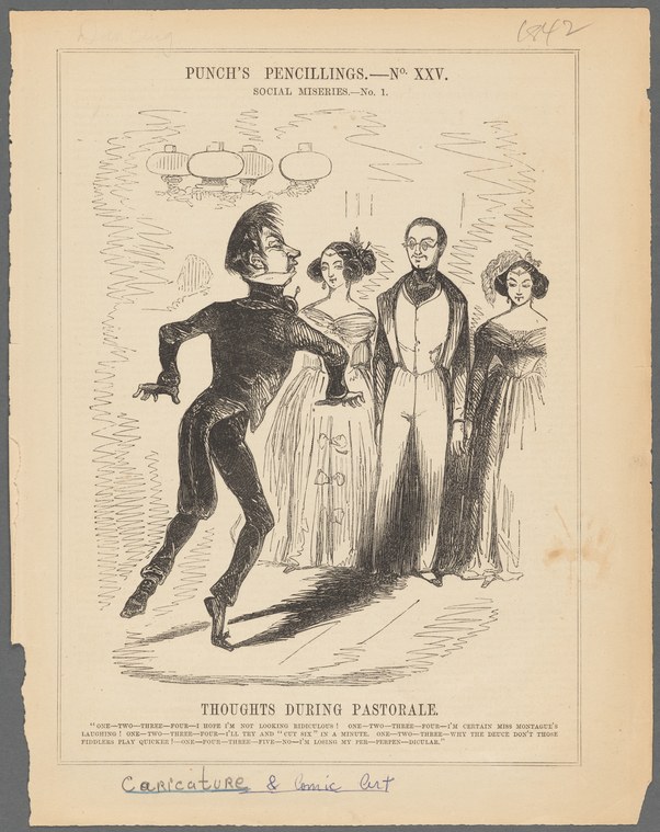 Man in black coat arches his body backward in exaggerated pose while three formally dressed onlookers observe with skeptical expressions.