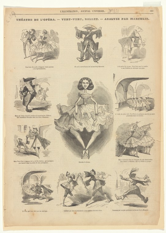 A grid of twelve engraved scenes depicting Romantic ballet dancers and backstage theater workers, with exaggerated poses mocking operatic ballet conventions.